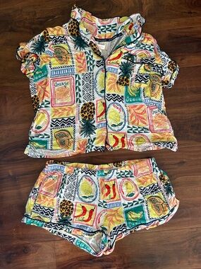 Tropical Fruit Print Short Pajama Set - Multicolor